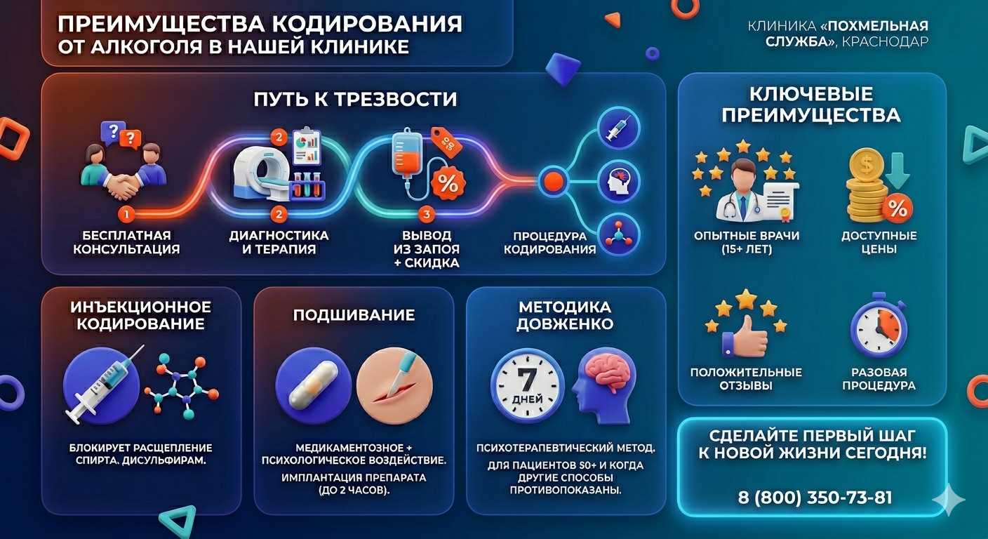 Инфографика о методах кодирования от алкоголя в Белогорске: инъекции, подшивание, метод Довженко. Преимущества клиники и этапы лечения.