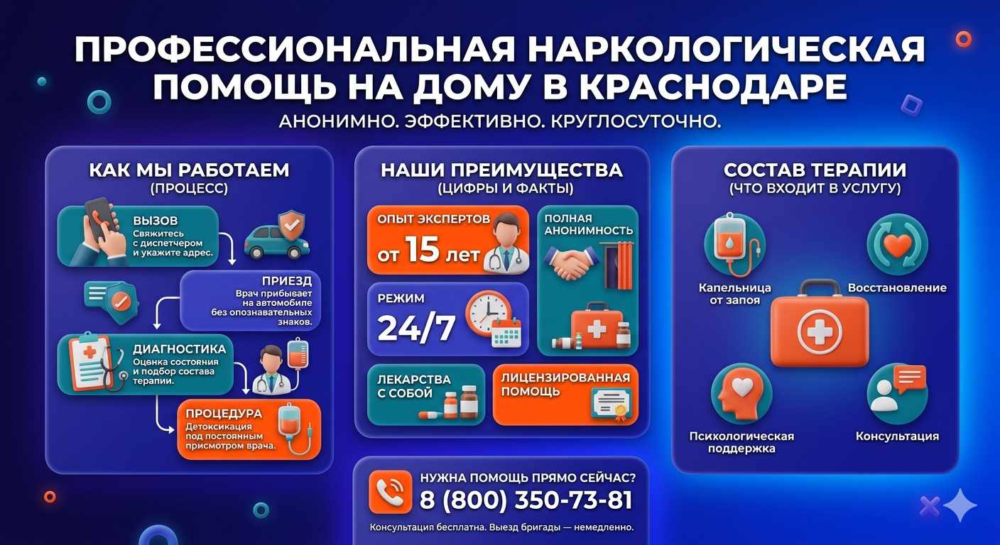Инфографика о принципах лечения алкоголизма на дому в Белогорске: этапы вызова нарколога, преимущества анонимной детоксикации и состав медицинской помощи.